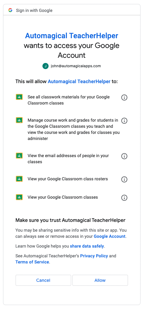 Automagical TeacherHelper Google Classroom Permissions