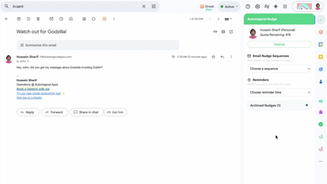 Screenshot of Automagical Nudge email sequences interface