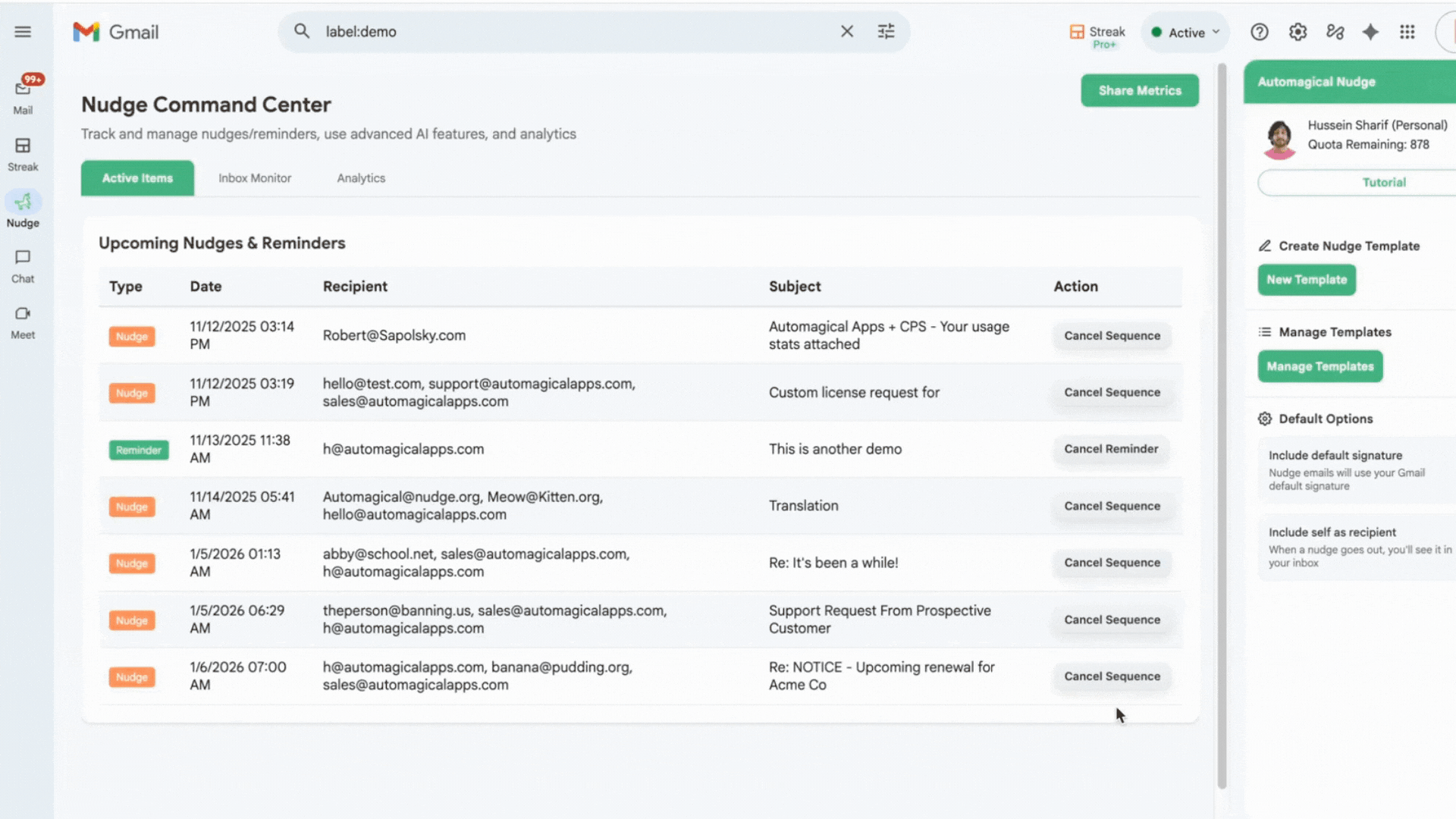 Screenshot of Automagical Nudge email reminders feature