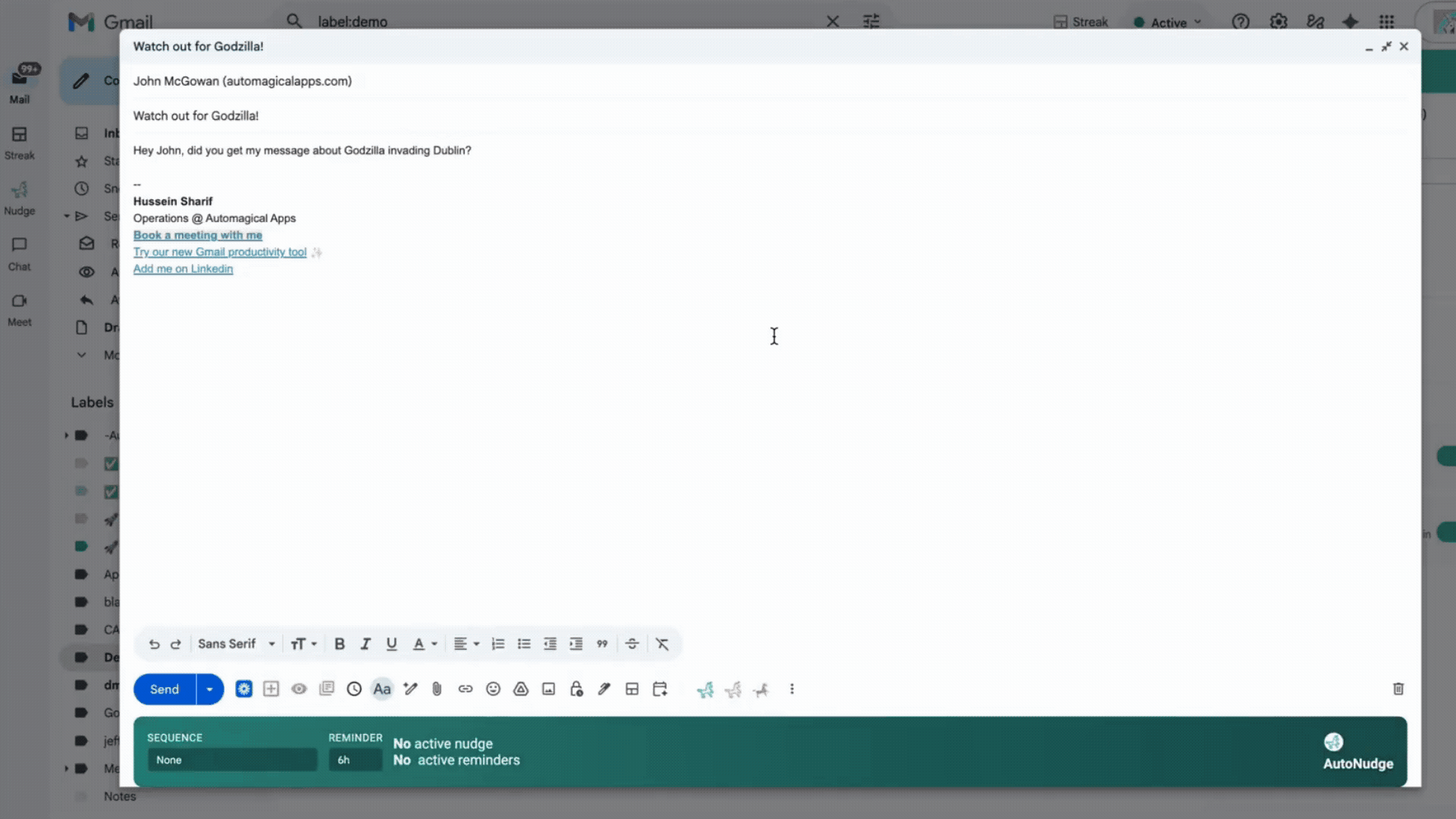 Animated GIF demonstrating Automagical Nudge features, sequences, and reminders